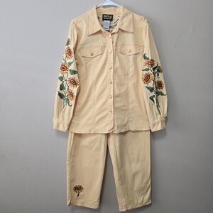 BOB MACKIE Wearable Art M Yellow Daisy Shacket Jacket Pant Set Embroidered Boho
